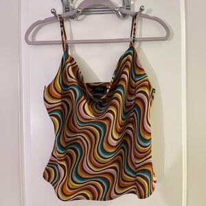 Retro 70s Swirl Satin Cowl Neck Cami – Multicolor Psychedelic Tank Top